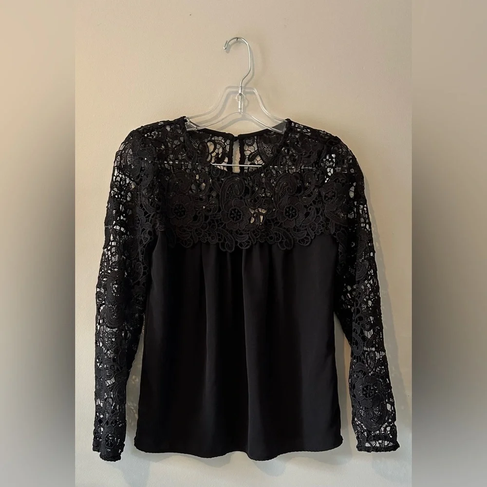J.Crew Black Lace Long Sleeve Blouse XXS – Elegant Sheer Yoke Holiday Party Top
